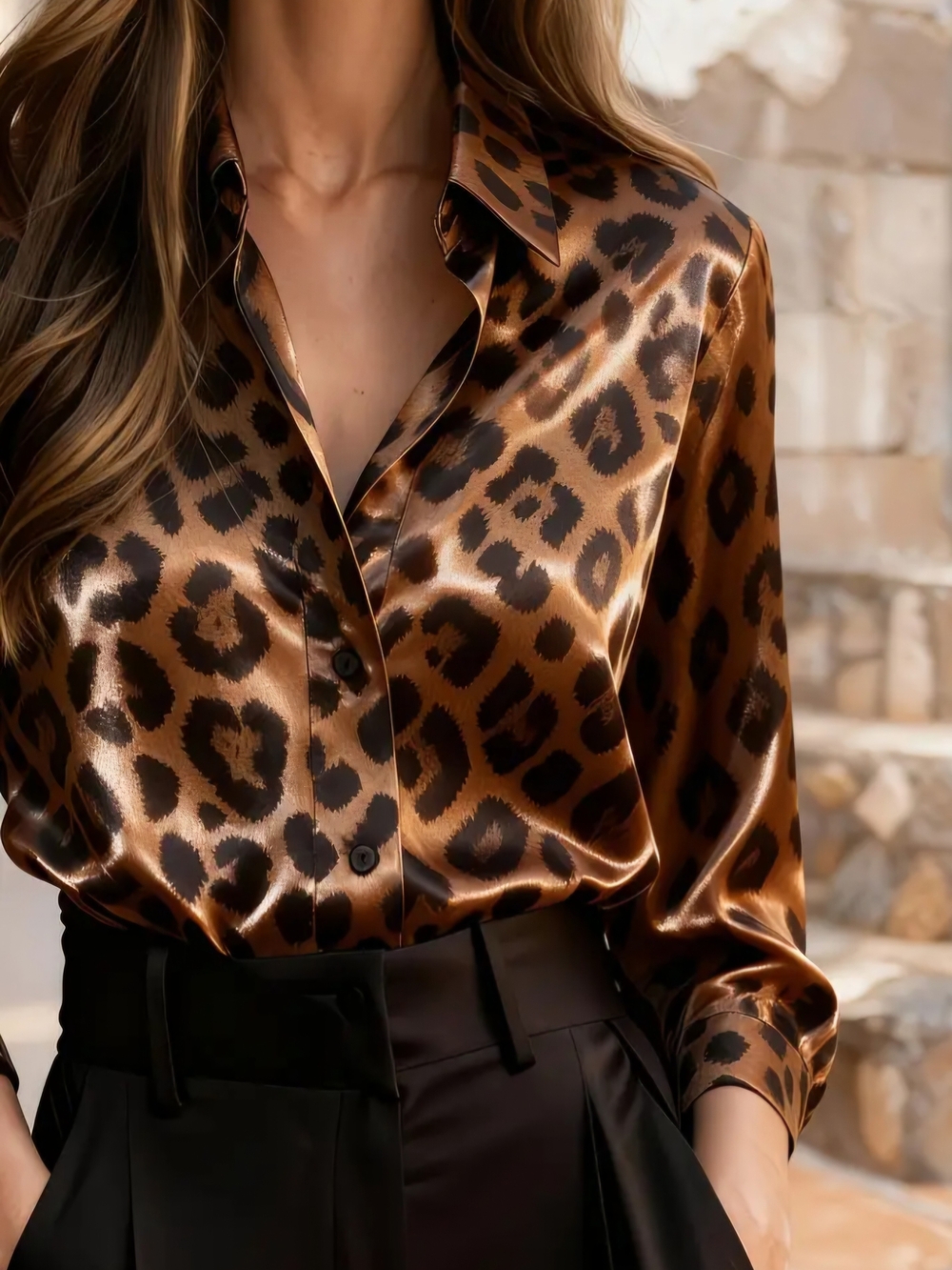 Satin Leopard Print Button-Down Shirt in Brown